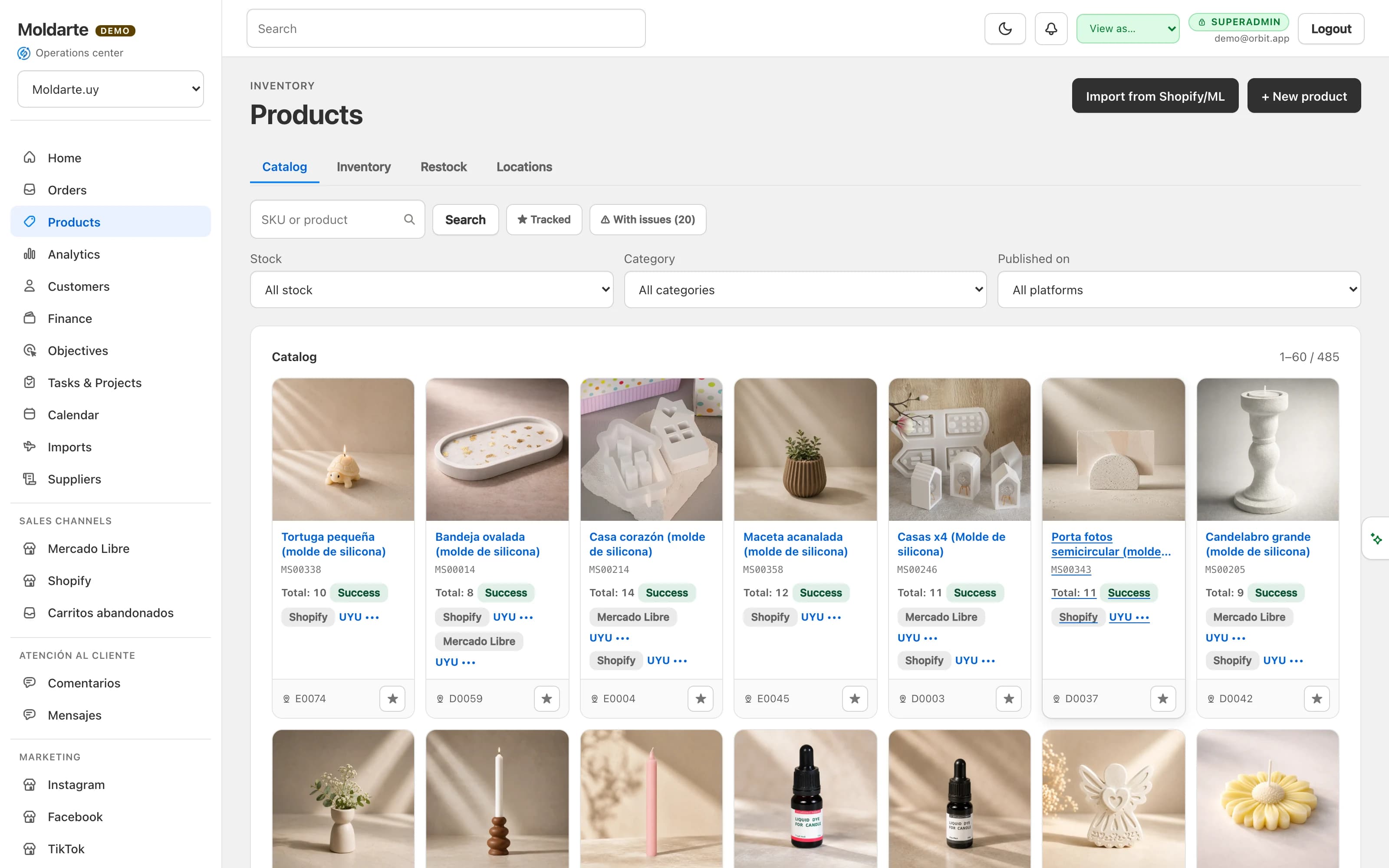 The internal catalogue, the source of truth for stock: every product with its photo, its SKU and where it is published.