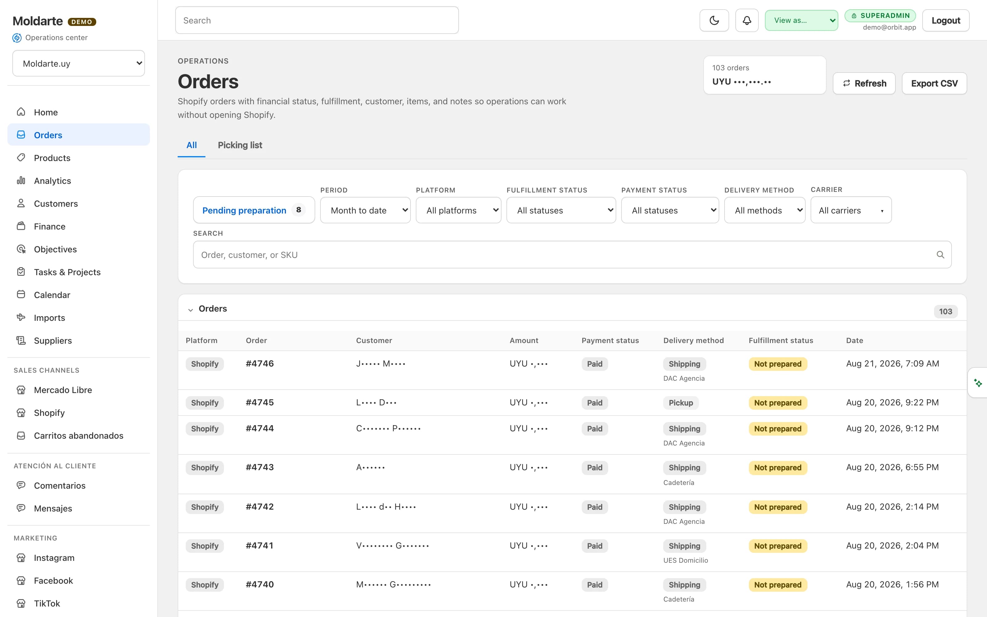 The shared inbox: orders from every channel with their payment, fulfilment and delivery status in the same row.